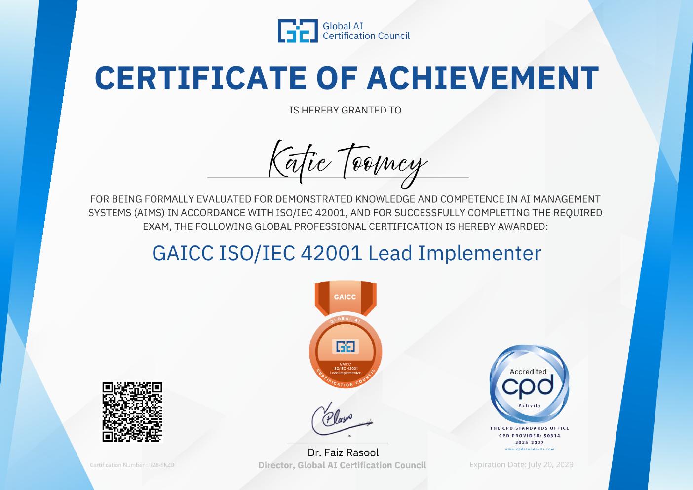 GAICC ISO/IEC 42001 Lead Implementer certificate awarded to Katie Toomey, July 2026